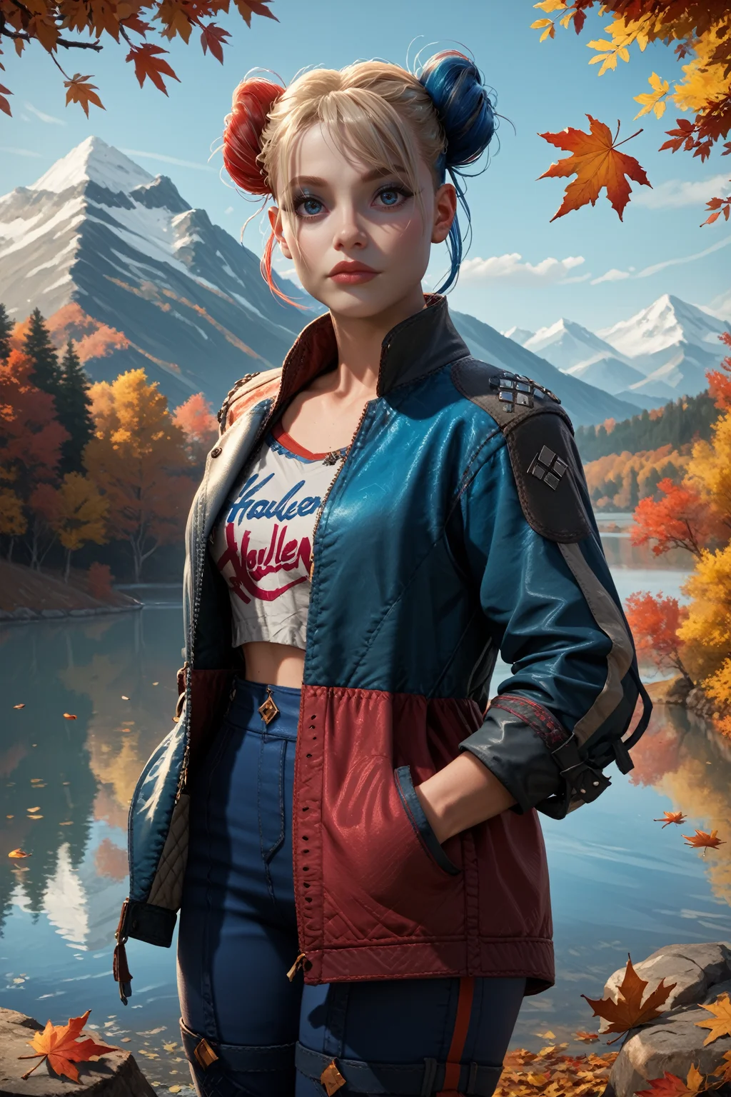 score_9, score_8_up, score_7_up, score_6_up
<lora:SQHarleyQ:0.8>
SQHarleyQ, 1girl, blue eyes, multicolored hair, twin buns, make up, looking at viewer, hands in pocket, outdoors, autumn, lake, tree, mountain, falling leaves, wind