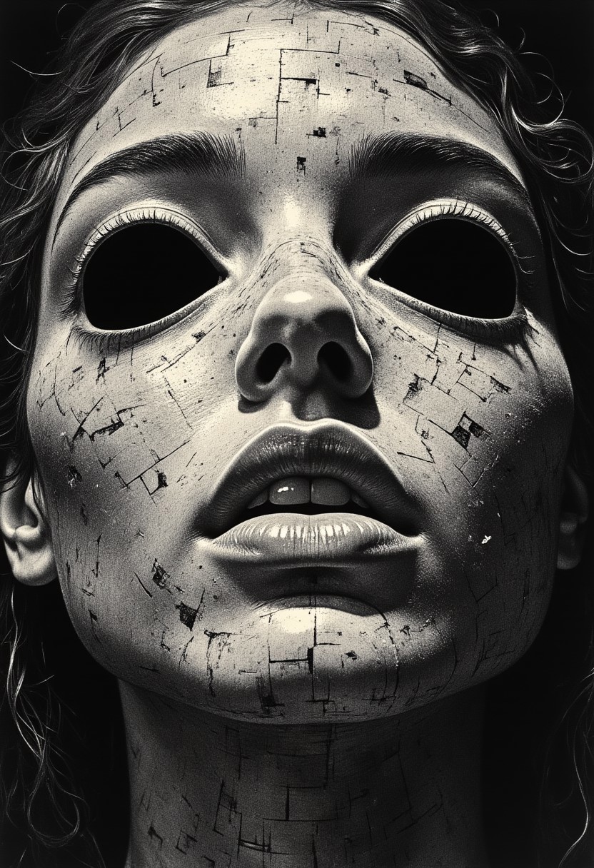 An ultra close-up portrait of a woman’s face, filling the entire frame, leaving no visible background. Her skin is not smooth, but formed entirely from thousands of tiny, overlapping fingers, seamlessly interwoven to shape the contours of her features—cheeks, brow, nose, and jawline. Each hand is static, frozen in place, its fine details crisp and tangible, with visible creases, knuckles, and fingernails. Her eyes are not traditional eyes but two hollow, dark voids, framed by open fingers curled inward, mimicking the shape of eye sockets. The depth inside these voids is infinite, absorbing light rather than reflecting it, making them appear hauntingly empty yet impossibly deep. Her lips are formed by tightly interlocked fingers, positioned in a way that mimics a mouth, yet their rigid stillness makes them unsettlingly unnatural. The illusion of human softness is lost, replaced by the uncanny texture of layered skin and fingernails. The mouth does not open, nor do the fingers move—only the eerie symmetry and unnatural formation of the face hint at something beyond human. The fingers composing her face are not chaotic, but deliberately placed, each one fused into a perfect, unnerving pattern that creates the illusion of organic facial structure. Their textures vary, some smooth and youthful, others rough and calloused, creating an unsettling contrast in detail. The edges of her face fade into a dark void.
