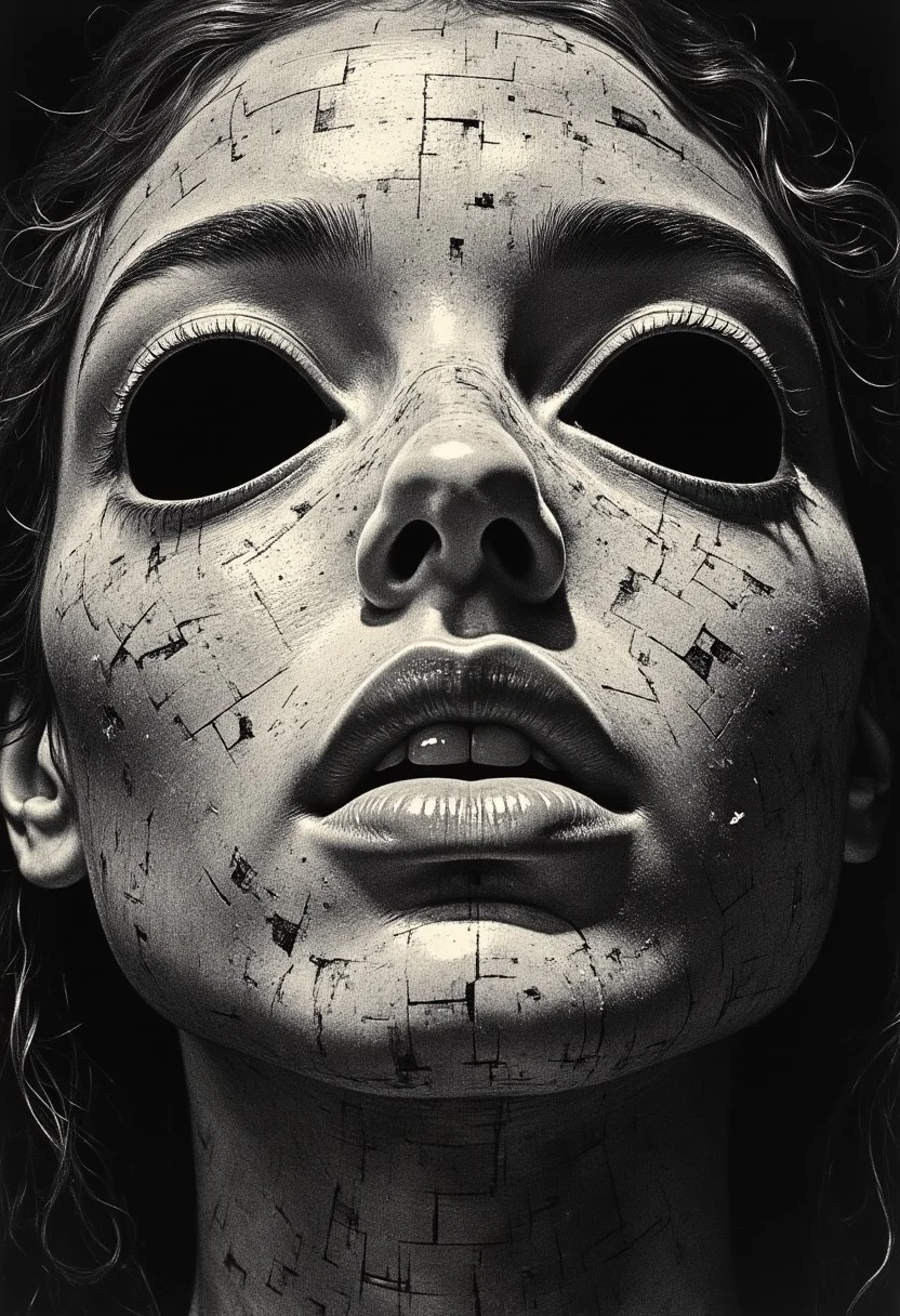 An ultra close-up portrait of a woman’s face, filling the entire frame, leaving no visible background. Her skin is not smooth, but formed entirely from thousands of tiny, overlapping fingers, seamlessly interwoven to shape the contours of her features—cheeks, brow, nose, and jawline. Each hand is static, frozen in place, its fine details crisp and tangible, with visible creases, knuckles, and fingernails. Her eyes are not traditional eyes but two hollow, dark voids, framed by open fingers curled inward, mimicking the shape of eye sockets. The depth inside these voids is infinite, absorbing light rather than reflecting it, making them appear hauntingly empty yet impossibly deep. Her lips are formed by tightly interlocked fingers, positioned in a way that mimics a mouth, yet their rigid stillness makes them unsettlingly unnatural. The illusion of human softness is lost, replaced by the uncanny texture of layered skin and fingernails. The mouth does not open, nor do the fingers move—only the eerie symmetry and unnatural formation of the face hint at something beyond human. The fingers composing her face are not chaotic, but deliberately placed, each one fused into a perfect, unnerving pattern that creates the illusion of organic facial structure. Their textures vary, some smooth and youthful, others rough and calloused, creating an unsettling contrast in detail. The edges of her face fade into a dark void.