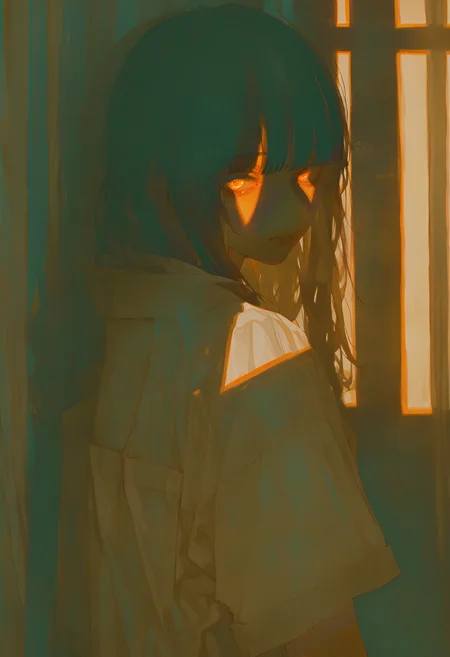 <lora:748cmSDXL:1>, best quality, masterpiece, 748cmstyle, 1girl, looking at viewer, window shade, multicolored hair, black hair, long hair, streaked hair, upper body, white shirt, indoors, curtains, looking back, sunlight, short sleeves, orange theme, glowing eyes, closed mouth, dark, shadow, expressionless, from side, white hair, blunt bangs, looking to the side