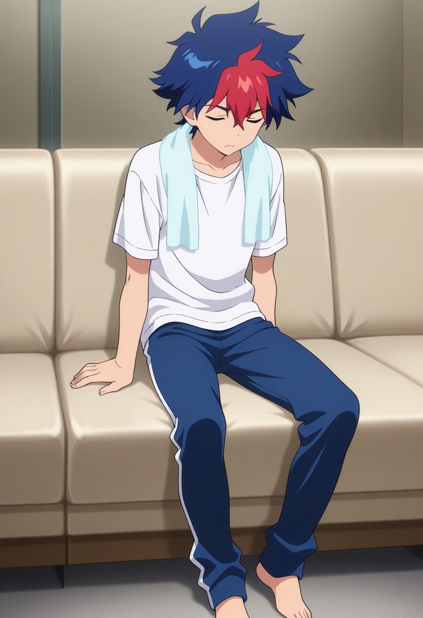 masterpiece,best quality,amazing quality, source_anime,
RaitoTenryu, 1boy, male focus, solo, closed eyes, multicolored hair, blue hair, red hair, t-shirt, track pants, barefoot, towel around neck, couch,