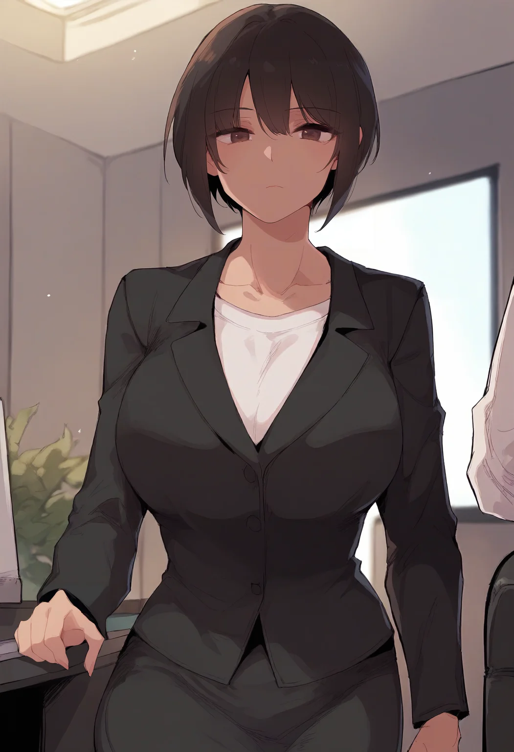 score_9, score_8_up, score_7_up, score_6_up, source_anime, rating_explicit, 1girl, solo, huge breasts,<lora:Naida prefectPonyxl:0.9> short hair, brown eyes, black hair, brown hair, tomboy, black jacket, office lady, long sleeves, white shirt, t-shirt, collarbone, black skirt, pencil skirt, expressionless, office room, indoors, looking at viewer, close-up