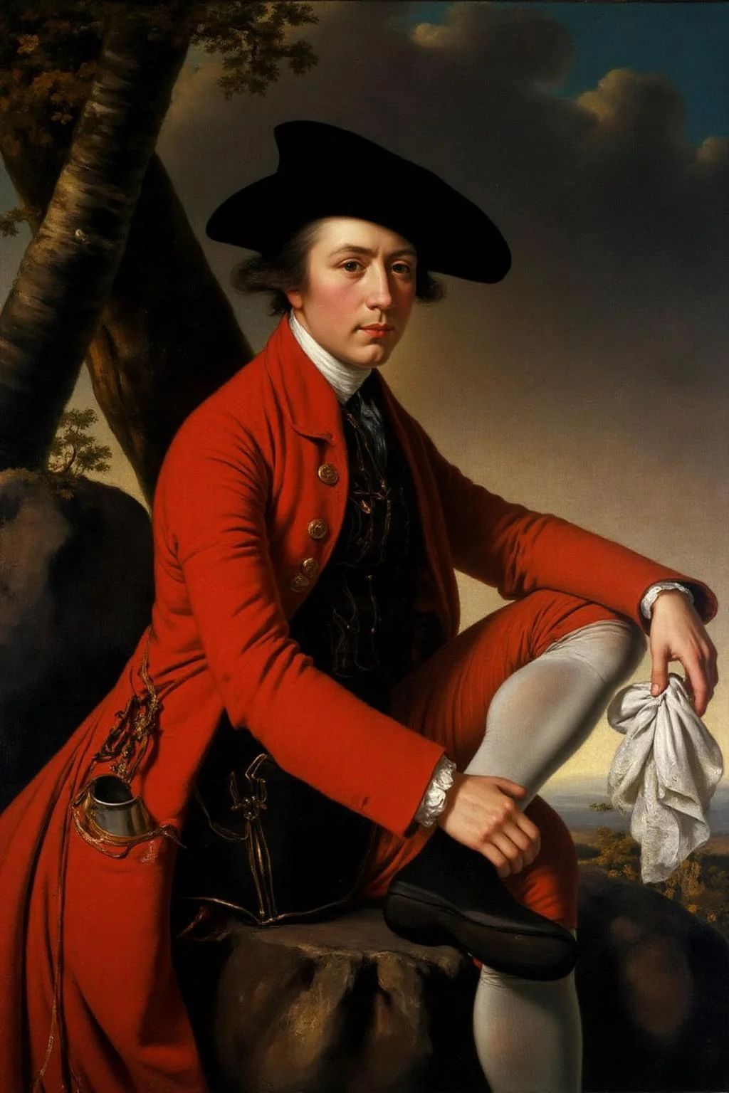 josephwright1 painting.
A man in a red coat with gold trimmings and a black hat sits on a rock with his legs crossed, holding a white cloth in one hand and a metal container in his pocket. Behind him is a tree.
<lora:josephwright1_cap_d6a3e12:1.0><lora:849111859633118123:0>