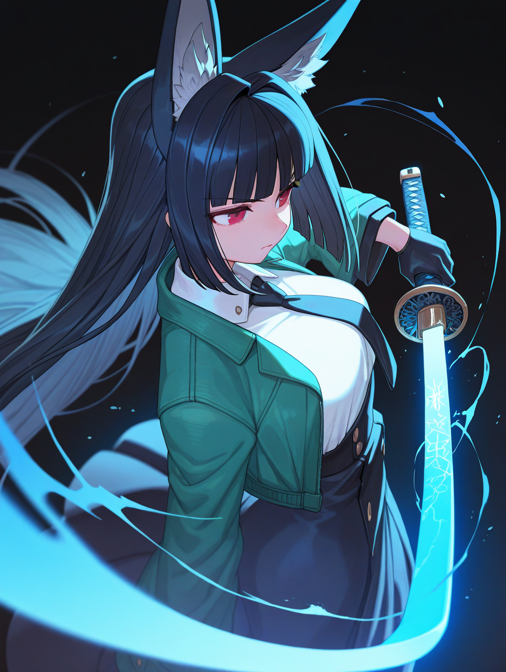 <lora:UScartoon:0.9>,1girl,hoshimi miyabi,lack,from above,from side,foreshortening,animal ear fluff,black gloves,black hair,black necktie,black skirt,blunt bangs,closed mouth,fox ears,fox girl,green jacket,high-waist skirt,holding sword,glowing katana,energy,long hair,red eyes,serious,sidelocks,solo,white shirt,blue theme,black background,depth of field,, masterpiece,best quality,amazing quality,