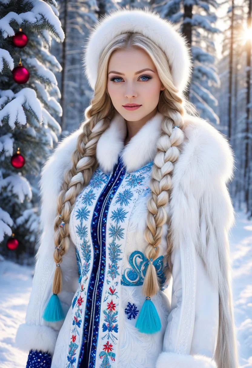 ((Masterpiece, best quality,edgQuality)),
((18 yo, slim beautiful Russian Snow Maiden)) (standing:2) in the snowy forest, blond hair, two tight blond long braids up to the waist, long white fur coat up to the floor embroidered with sparkling sparkling Russian multicoloured patterns, fur mittens embroidered with Russian multicoloured patterns, small Christmas trees sticking out of the snow, winter, a bright sunny frosty day, the whole earth is covered with snow, fluffy Christmas trees in the snow, Snow Maiden's footprints in the snow,
snow sparkles under the rays of the sun, looks at the viewer, cheerful calm kind look, kind smile, teeth, red cheeks, extremly detailed face, beautiful cute face, lips,
perfect face,
bullfinches and tits are sitting on Christmas trees, white hares and fluffy squirrels are sitting between the trees,
by Vasnetsov, by Surikov, by Rimsky-Korsakov,