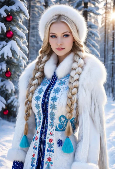 ((Masterpiece, best quality,edgQuality)),
((18 yo, slim beautiful Russian Snow Maiden)) (standing:2) in the snowy forest, blond hair, two tight blond long braids up to the waist, long white fur coat up to the floor embroidered with sparkling sparkling Russian multicoloured patterns, fur mittens embroidered with Russian multicoloured patterns, small Christmas trees sticking out of the snow, winter, a bright sunny frosty day, the whole earth is covered with snow, fluffy Christmas trees in the snow, Snow Maiden's footprints in the snow, 
snow sparkles under the rays of the sun, looks at the viewer, cheerful calm kind look, kind smile, teeth, red cheeks, extremly detailed face, beautiful cute face, lips,
perfect face, 
bullfinches and tits are sitting on Christmas trees, white hares and fluffy squirrels are sitting between the trees, 
by Vasnetsov, by Surikov, by Rimsky-Korsakov,