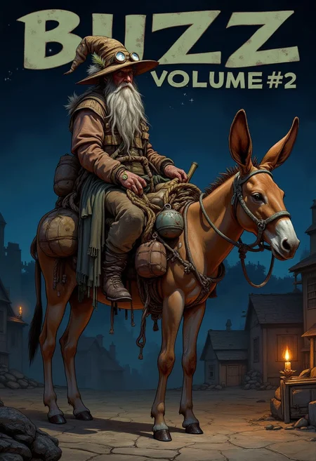A detailed digital drawing in a dark, gritty, and stylized comic book art style. The image features a tall, rugged wizard, wearing a mix of robes and rags attire. The character has a wild, untamed look, with long, grey hair and a thick, bushy beard. He wears a large, battered wizards hat adorned with feathers and a pair of goggles with lenses that are partially obscured by dust and grime.
The wizard is seated on a big, tall donkey. The donkey is equipped with numerous sacks, ropes, and potions, giving it a medieval, fantasy feel. The donkey has large, thick ears and skinny legs visible through rags and ropes.
The background is a old medieval village at night with candles and lanterns. In the distance, there are vague outlines of a castle and stars and a moon. The title "BUZZ VOLUME#2" is prominently displayed at the top of the image in bold, all-caps letters, indicating this is the first volume of a comic series. <lora:Comic_book_opus_IV:0.2>