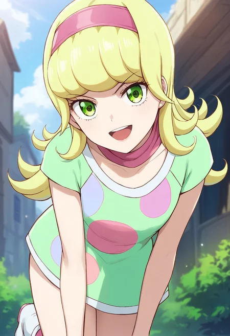 score_9, score_8, score_7_up, yuna goha, long hair, blonde hair, swirly bangs, green eyes, pink headband, happy face, pink headband, green dress, polka dot-patterned dress, pink scarf, thighs, white boots, outdoors, hands behind, leaning forward, looking at viewer,