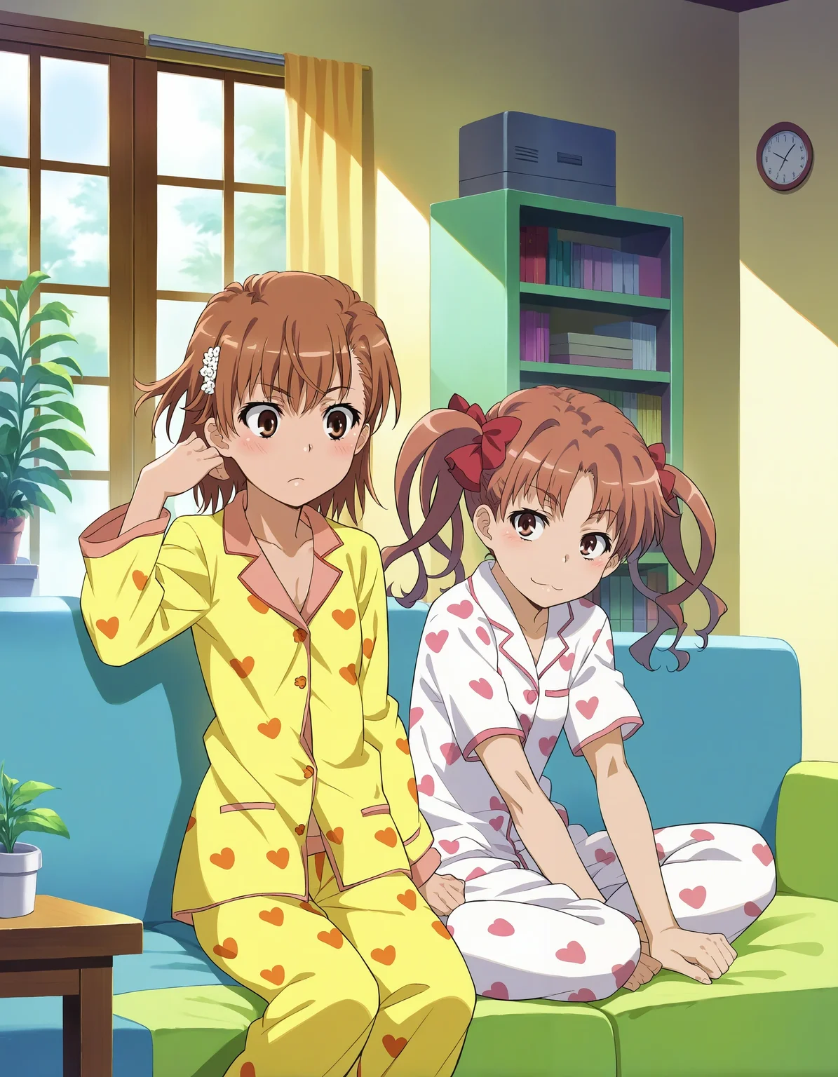 score_7_up, source_anime,
2girls, misaka mikoto, shirai kuroko, twintails, pajamas, smile,
indoors, sunlight, sofa, pose, gekota,
potted plant, decorations, shelf,
<lora:style_railgun-pony-v1.7:1>