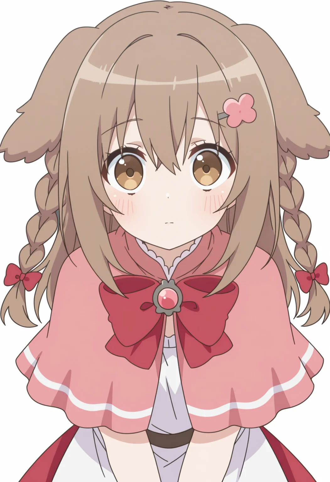 <lora:Ringo OUHOSHI_illustrious-000040:1>,
(HSP)Ringo,solo,braid,dog ears,brown hair,blush,brown eyes,twin braids,looking at viewer,hair ornament,red bow,tunic,v arms,long hair,pink capelet,white_background,simple_background
