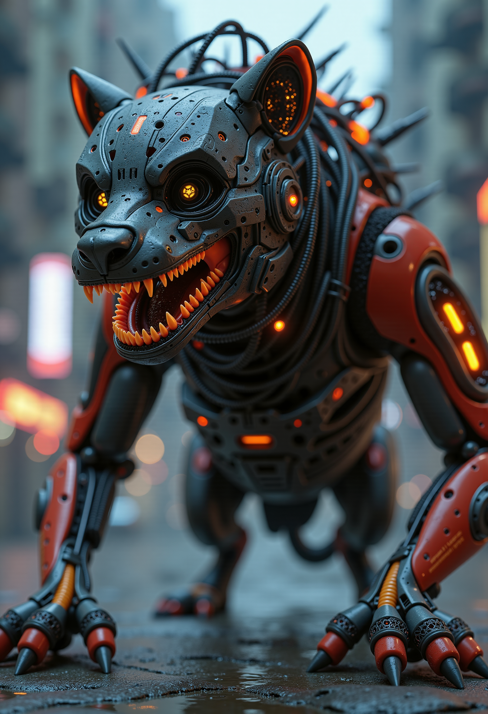 in the style of ck-ncr, a dangerous hyena with its mouth wide open and its sharp teeth visible. His half face contains black ceramic parts. The hyena is a plastic cyborg, the mechanical parts of the robot are visible inside, the cyborg is very sinister and dangerous. Cyborg parts are dark gray and red. Some parts of his body also glow orange. He is in a cyberpunk night city, crawling the streets.  