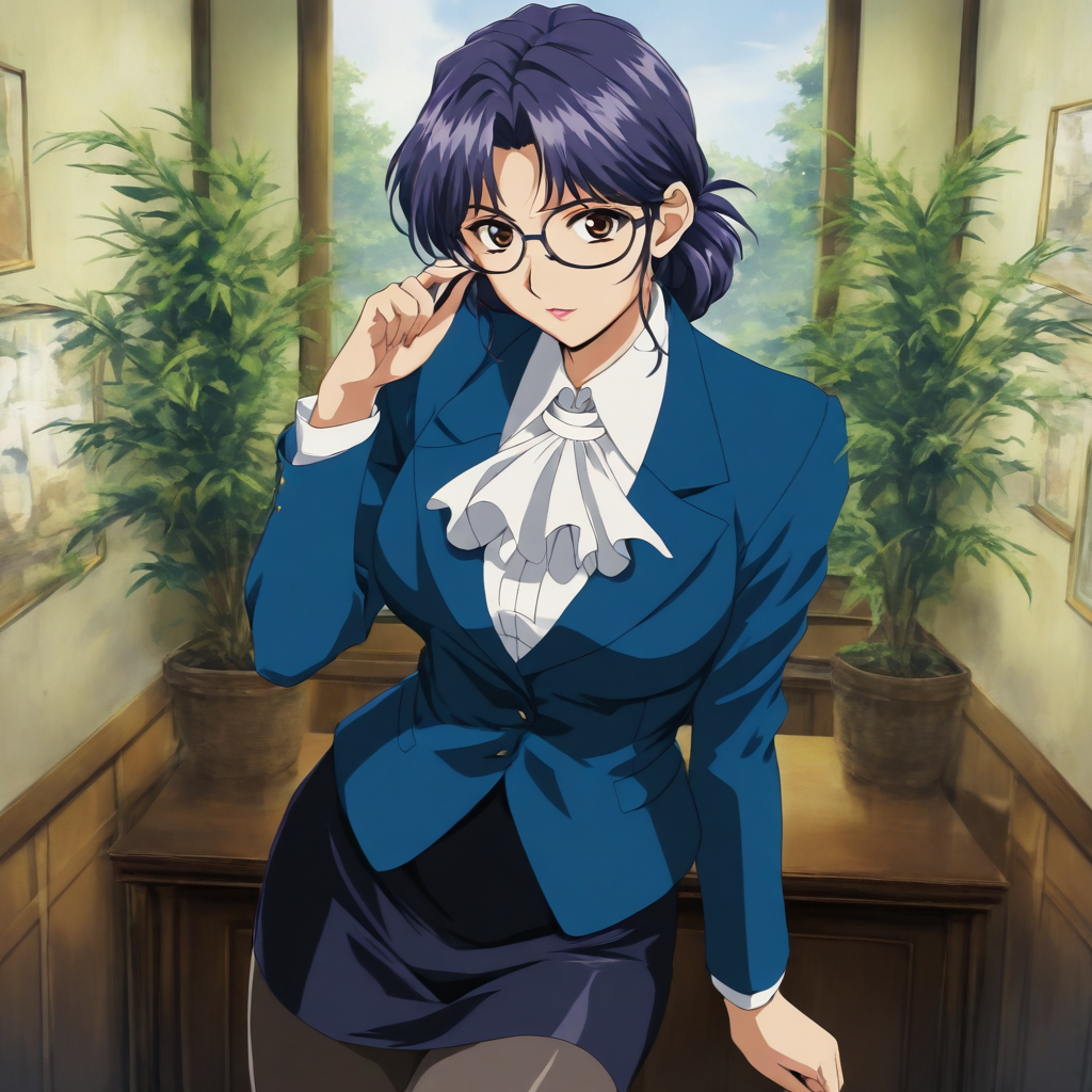masterpiece,1girl,solo,looking at viewer,cowboy_shot,jacket,ascot,white shirt,skirt,pantyhose,<lora:Minami_Replay ag4o v1:1> minami_replay, glasses, blue hair, brown eyes, lipstick,
