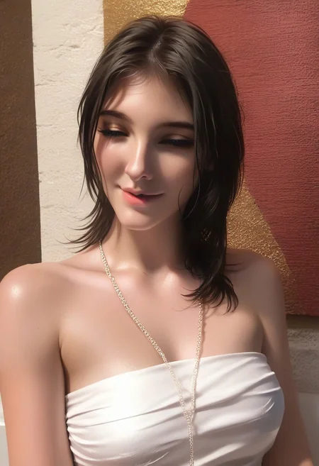 score_9, score_8_up, score_7_up, score_6_up, source_cartoon, 1girl, female, solo, femenine, petite, lean, pale skin,, soaking wet hair, smile, diaphonous white dress, bronze necklace, medium breasts, female focus, official style, close up, perfect anatomy, perfect face, standing, abstract beauty, beautiful, centered, looking at the camera, approaching perfection, dynamic, moonlight, highly detailed, watercolor painting, artstation, concept art, smooth, sharp focus, illustration, portrait