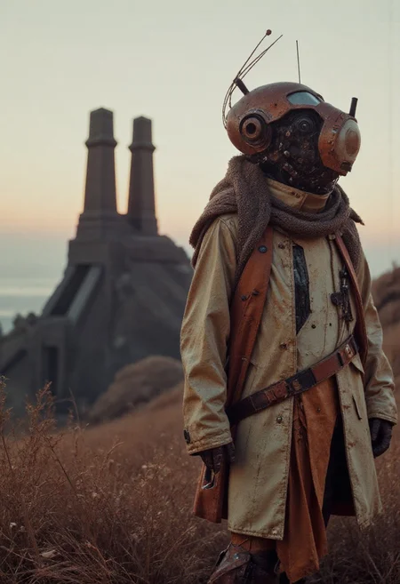 in the style of franck-bohbot, In the foreground stands the decayed yet strikingly intricate form of a wired cyborg, its metallic finish weathered with bleaked orange and green hues, the hull outworn and rusted with age. The robot’s translucent glass elements shimmer faintly in the soft twilight, with seams and intricate wiring exposed, while antennas sprout from its hea. Its face, detailed with camera lenses instead of pupils, conveys a haunting presence, while a high-collared, reinforced parka with a fur hood wraps its form in a look of utilitarian resilience.
Behind this relic of a bygone era, a massive abyss hovers in the vastness of outer space, its colossal form seemingly bowing down to the viewer. Two towering structures, forged from black metal, rise ominously into the high clouds. Their sleek, modern-medieval design incorporates both sharp geometric angles and massive windows that reflect the fading light.
The hyper-realistic scene captures a tranquil, mist-shrouded landscape at twilight, with rolling hills and deep valleys bathed in soft orange light. The terrain is covered with delicate shrubs and grasses, their leaves tinged in deep black-pink hues, creating a striking contrast against the cool, misty atmosphere. The cyborg, with its detailed, weathered design and glassy elements, set against the towering black metal structures, evokes a haunting yet mesmerizing fusion of forgotten technology and timeless natural beauty.