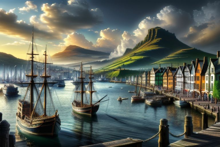 (masterpiece:1.2), (best quality,:1.2), 8k, HDR, ultra detailed, ((photorealistic)), perfect anatomy, pire, ship, pier, over looking a harbor, noon, CelticLandStyle