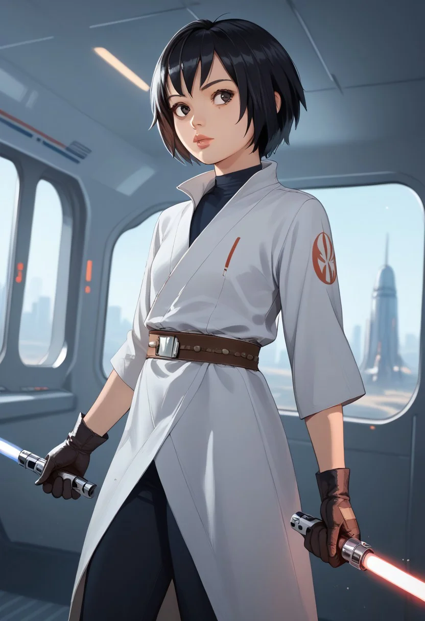 score_9, score_8_up, score_7_up, score_6_up, PeniParker, jedi clothes, 1girl, solo, asian, short hair, gloves, holding, black hair, weapon, belt, holding weapon, blurry, lips, gun, dutch angle, spacecraft interior, scifi, science fiction, star wars, lightsaber