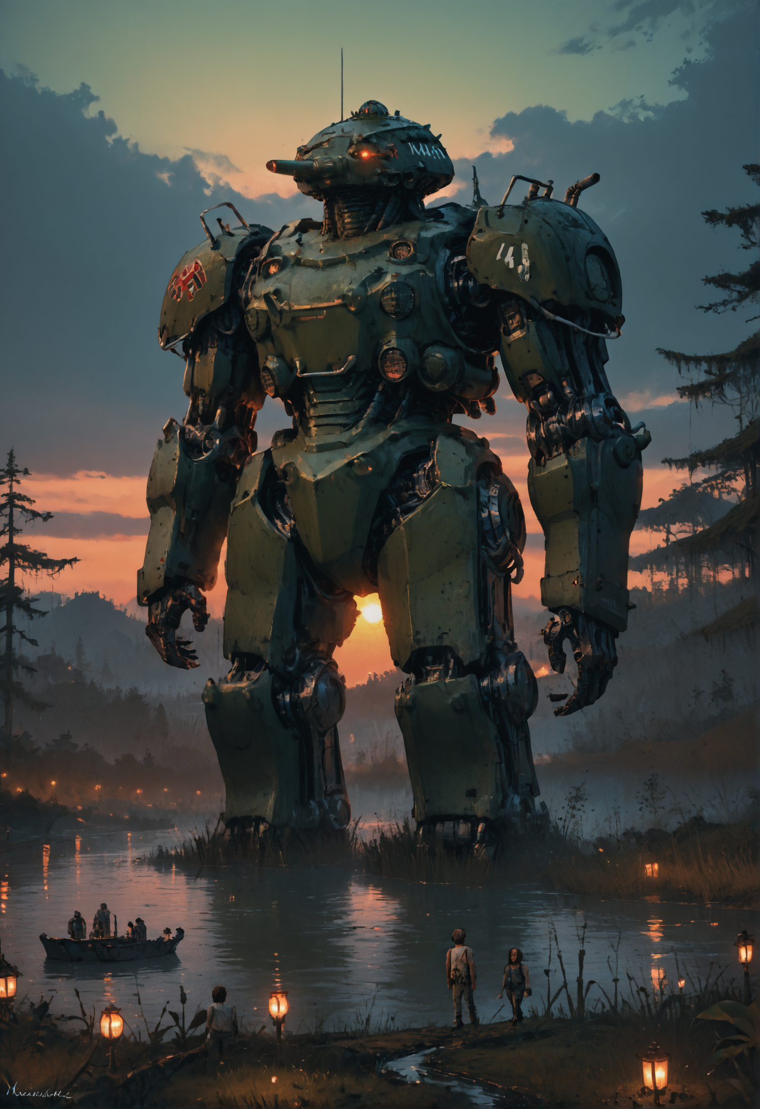 score_9, score_8_up, score_7_up,  <lora:MechaForge-000003:1> m3chaf0rge, giant, giant mech, mecha, bipedal mech, science fiction, sunset, tank, military mech, full body, legs, swamp, wetland, people,