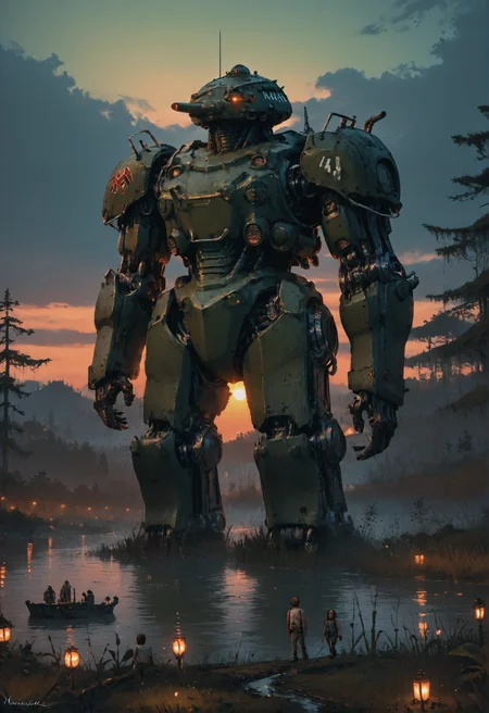score_9, score_8_up, score_7_up, <lora:MechaForge-000003:1> m3chaf0rge, giant, giant mech, mecha, bipedal mech, science fiction, sunset, tank, military mech, full body, legs, swamp, wetland, people,