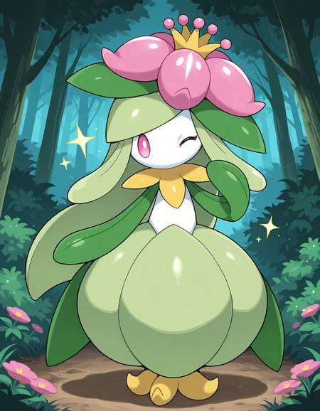 masterpiece, best quality, amazing quality, very detailed, newest, no humans, WnLlgnt, white skin, colored sclera, leaf arms, pink flower, pink eyes, pokemon \(creature\), full body, looking at viewer, dark forest, flowers, bushes, trees, one eye closed, (sparkles, shiny), <lora:e1d95fb1-2374-4fef-a9fa-bfb60ce90f11:0.9>