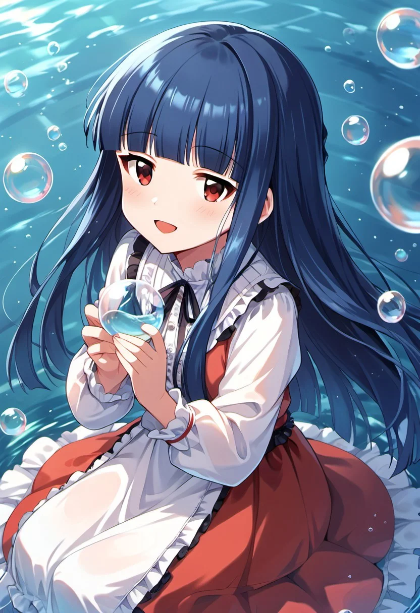 score_9, score_8_up, score_7_up, source_anime, sajou yukimi, long hair, blue hair, red eyes, 1girl, solo, smile, looking at viewer, sitting, bubble, dress, blunt bangs, open mouth, blush, water, holding
