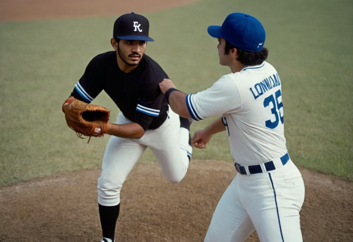 photograph cinematic dynamic photo, 
1boy, male focus, sportswear, baseball cap, hat, baseball uniform, white pants, standing on one leg, baseball mitt, blurry background, blue headwear, full body, belt, leg up, shoes, photo background, outdoors, short hair, layered sleeves, ass, white shirt, black hair, black eyes, short over long sleeves, facial hair, closed mouth, socks,
dynamic blurry, blurry background 
 <lora:dynposes3870:1>, 50mm . cinematic 4k epic detailed 4k epic detailed photograph shot on kodak detailed cinematic hbo dark moody, 35mm photo, grainy, vignette, vintage, Kodachrome, Lomography, stained, highly detailed, found footage