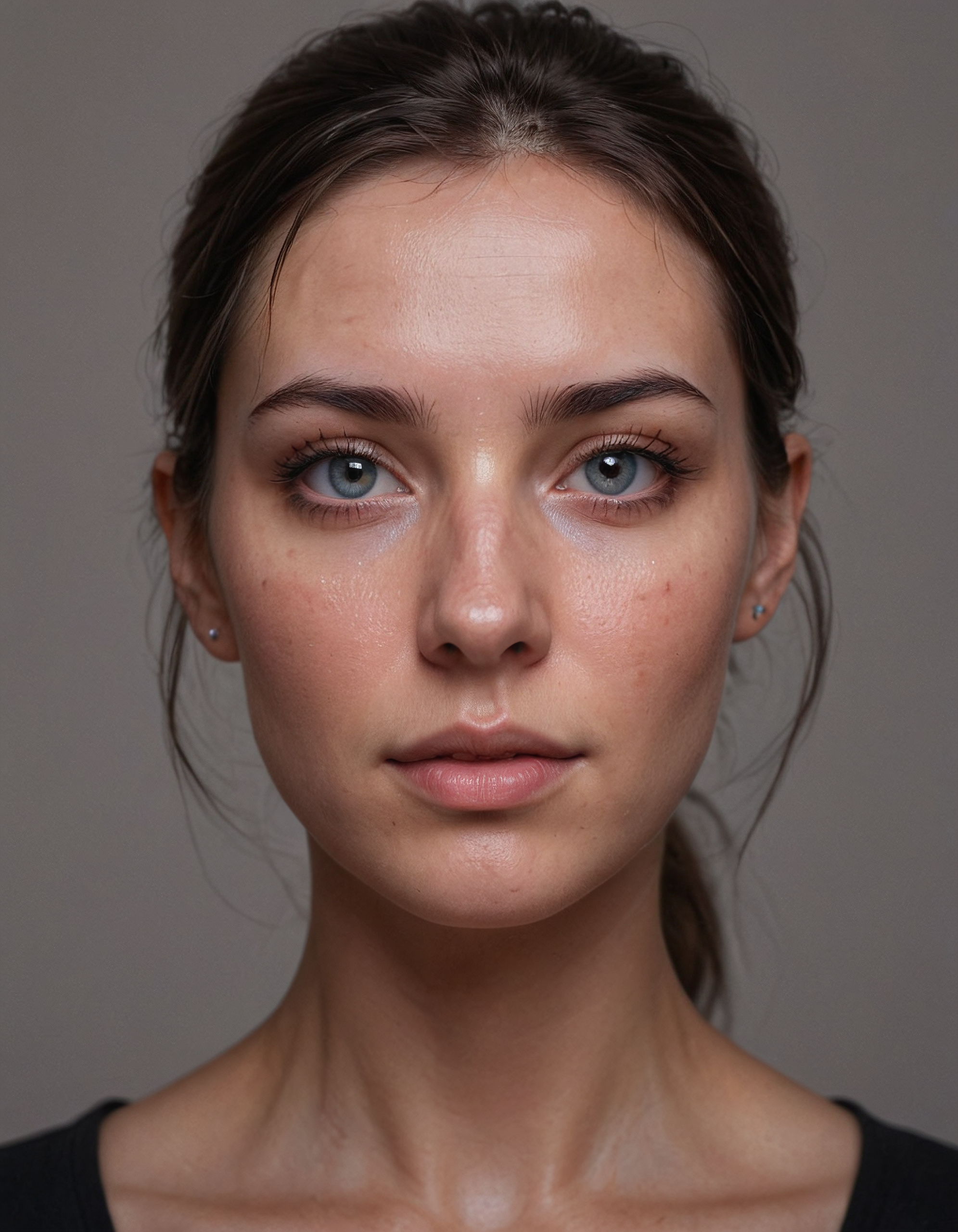 realistic face streamer, in front of plain wall, looking into camera, reflection of ring light in eyes