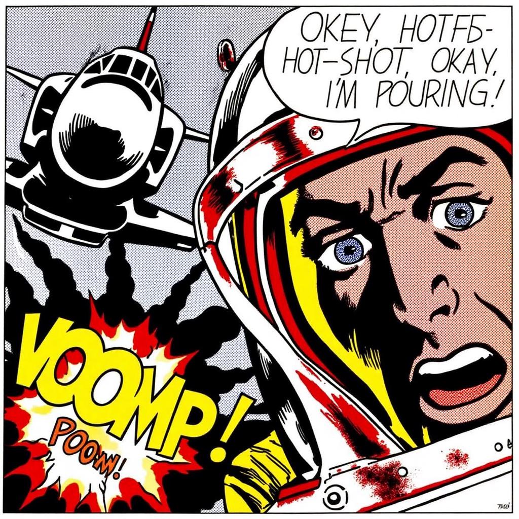 lichtenstein1 illustration.
A close-up of a fighter pilot wearing a futuristic white helmet. His visor reveals his determined expression, with wide eyes and an open mouth. There is a fighter jet in the background.
There is a speech bubble on the top right saying "OKEY, HOT-SHOT, OKAY! I'M POURING!"
On the bottom left there is explosiong with black smokes, with a comic book sound effect in big yellow letters that says "VOOMP!"
 <lora:lichtenstein1_cap_d6a3e8:1.0><lora:835909010994637096:0>