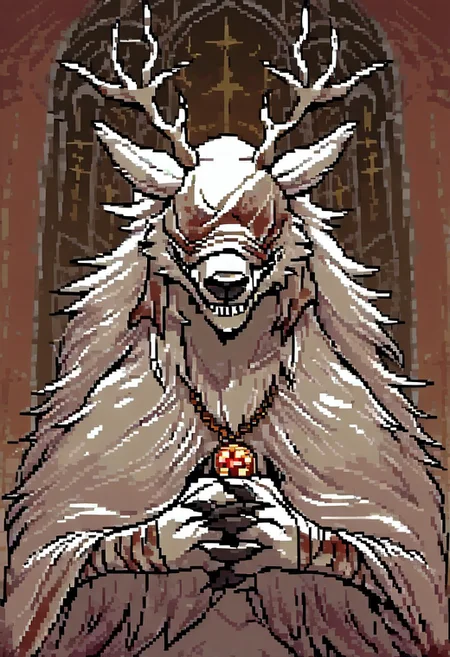score_9, score_8_up, score_7_up, score_6_up, pixel, commodore, upper body, bbvicamelia, white fur, sharp teeth, claws, paws, digitigrade, golden pendant necklace, bloody bandages, dark church background, praying