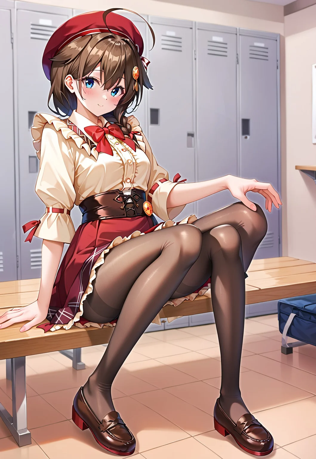 score_9, score_8_up, score_7_up,source_anime,,(masterpiece:1.3), (high quality:1.3),(1girl: shigure \(kancolle\), 1girl, blue eyes, ahoge, hair flaps, single braid, brown hair, long hair, hair between eyes,pia3_pr,red beret,beige blouse,frills,red bowtie,brown corset,red skirt,frilled skirt,orange button badge,pantyhose,brown loafers,blush,)locker room,
