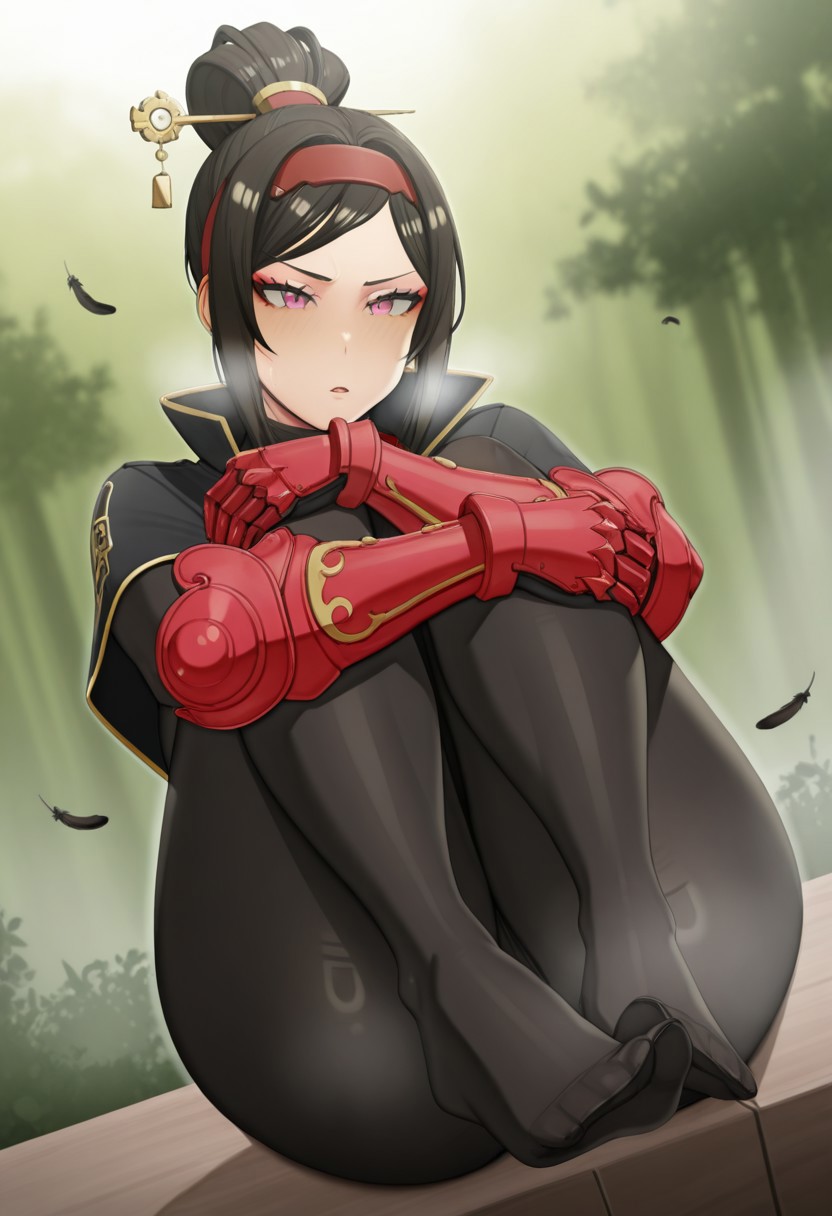 handplug, outdoors, undershirt, falling feathers, black bodysuit, hair stick, hugging own legs, , gauntlets,   eyeshadow,   red gloves,  high ponytail,  , black capelet, red hairband, pink eyes, 1girl, solo, feet, visible breath,   dynamic angle, foreshortening, smell, steam,