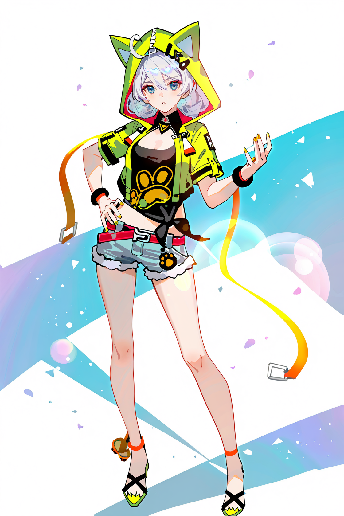 8k, best quality, masterpiece, (ultra-detailed), (high detailed skin), 
((artist:reoen),(artist:fuzichoco),(artist:atdan),(artist:torino_aqua),year 2024:0.8)1girl, [artist:wlop], [artist:ningen_mame], artist:ciloranko, [[artist:rhasta]], artist:tidsean, colorful, detailed light, light leaks, sunlight, bokeh, blurry foreground, ray tracing, lens flare, cinematic lighting, 
full body, full shot, standing, looking at viewer, (solo:1.2), simple background, (white background:1.2), hand on own hip, (white background:1.1), 
<lora:kiana-young-noob-Tanger:0.8>, 
kiana kaslana, qingning,qingning clothes, 2nd clothes, 1girl, shorts, blue eyes, green jacket, hood, belt, bangs, denim shorts, cat claw pattern, silver hair,
A full-body portrait of a young girl, standing gracefully, pastel art style, high-key lighting, shoujo manga influence, hd quality, delicate details,