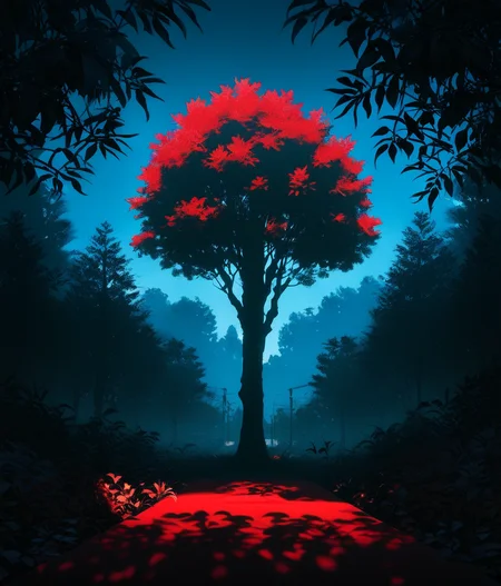 Score_9,score_8_up,score_7_up,backrooms \(creepypasta\),blue sky,red tree,red lawn,red light,foliage,dreepy,blue theme,no_humans,gradient,forest,<lora:Map_The_Backrooms:0.75>,