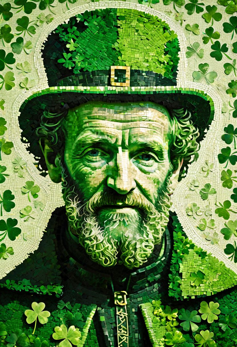 portrait of St. Patrick, composed entirely of shamrocks, varying shades of green, pixelated texture, negative space outline, mosaic effect