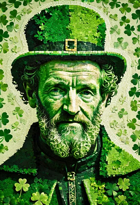portrait of St. Patrick, composed entirely of shamrocks, varying shades of green, pixelated texture, negative space outline, mosaic effect