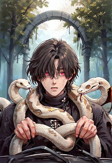 Vergilhoo,ironliliart,fiz-rot,afrobull,power crashes kobeni's car (meme), car interior, holding, steering wheel, look at viewer, crying with wide eyes open, nervous sweating, from front,A man with a snake on his shoulders trying to escape, car,in a car, , human:1.2, (sn4k3, snake, snake on shoulders, upper body, FntsyPstlCE style), front_view, scaleless snake:1.6, white coloured snake:1.2, red eyes on snake, a giant wheel of fortune background:1.2, wheel with chances of getting hit written in it:1.2, wheel:1.5, city background