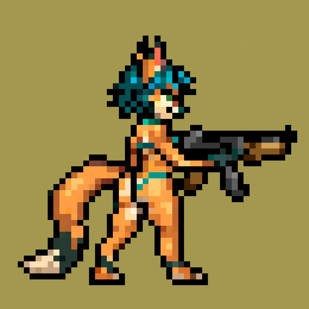 <lora:metalslugxl:1>, metalslugxl, pixelated, mspixel, score_9, score_8_up, score_7_up, (solo), 1girl, tail, fox girl, anthro, antho, full body, ass, micro bikini, panties, slim, from side, standing, (short stack), from far away, BREAK, (simple white background)