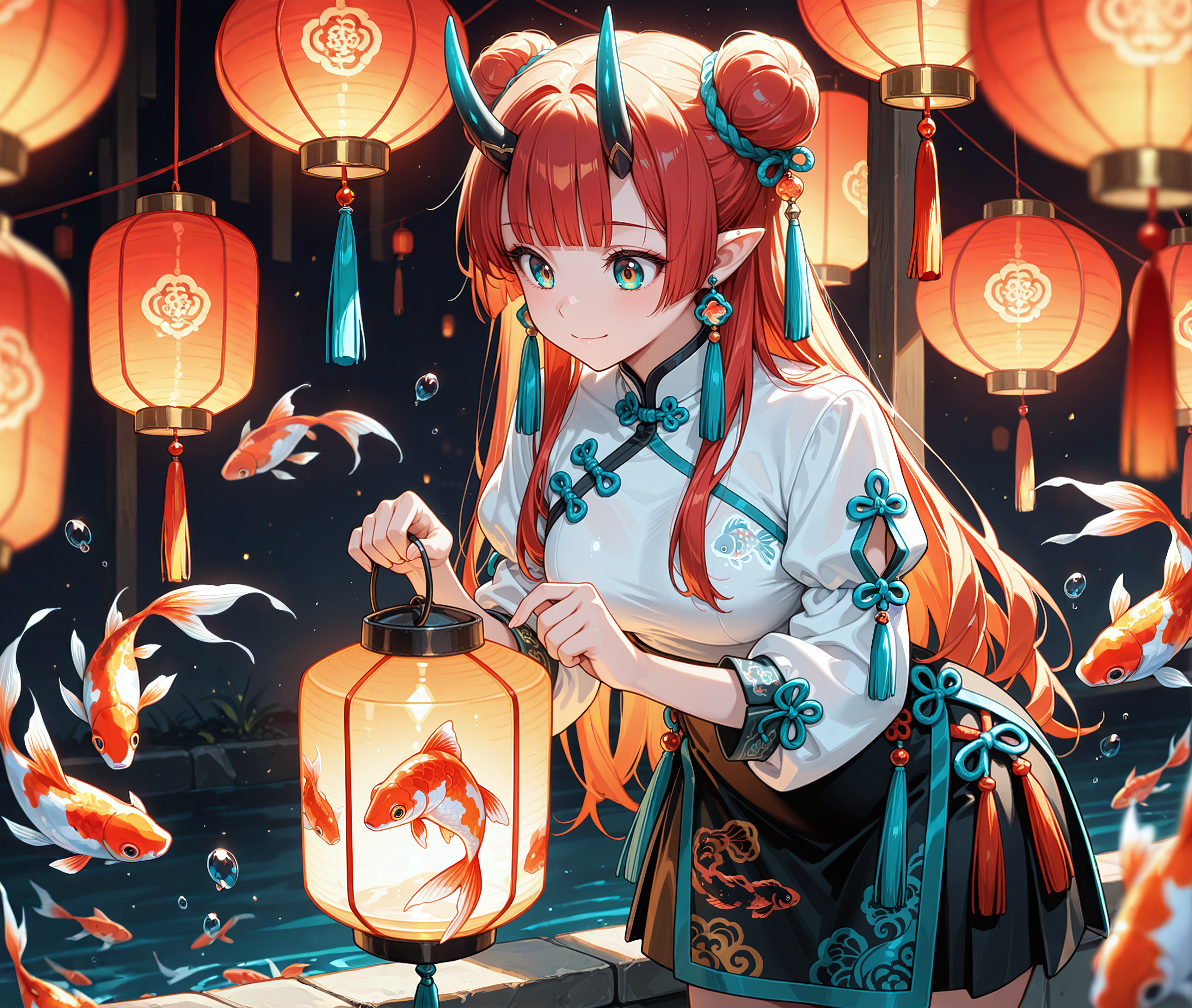 girl, solo, long hair, orange eyes, red hair, aqua eyes, happy, closed mouth,medium breasts, hair bun, double bun, horns,blunt bangs, looking at object, looking at lantern, holding lantern,bend over, shirt, skirt, long sleeves, ribbon, jewelry, white shirt, short sleeves, earrings, pointy ears, black skirt, puffy short sleeves, chinese clothes, tassel, lantern, tassel earrings, paper lantern, goldfish, tassel hair ornament, koi, flying fishï¼, Blurred foreground,depth of field, cowboy shot, masterpiece, best quality, newest, best quality, highres, very awa
