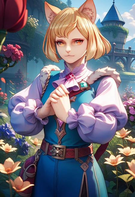 score_9,score_8_up,score_7_up,source_anime, Morley (Visions Of Mana),1girl,solo,red eyes,long sleeves,jewelry,standing,flower,outdoors,day,puffy sleeves,belt,fur trim,plant,brooch,gem,puffy long sleeves,
