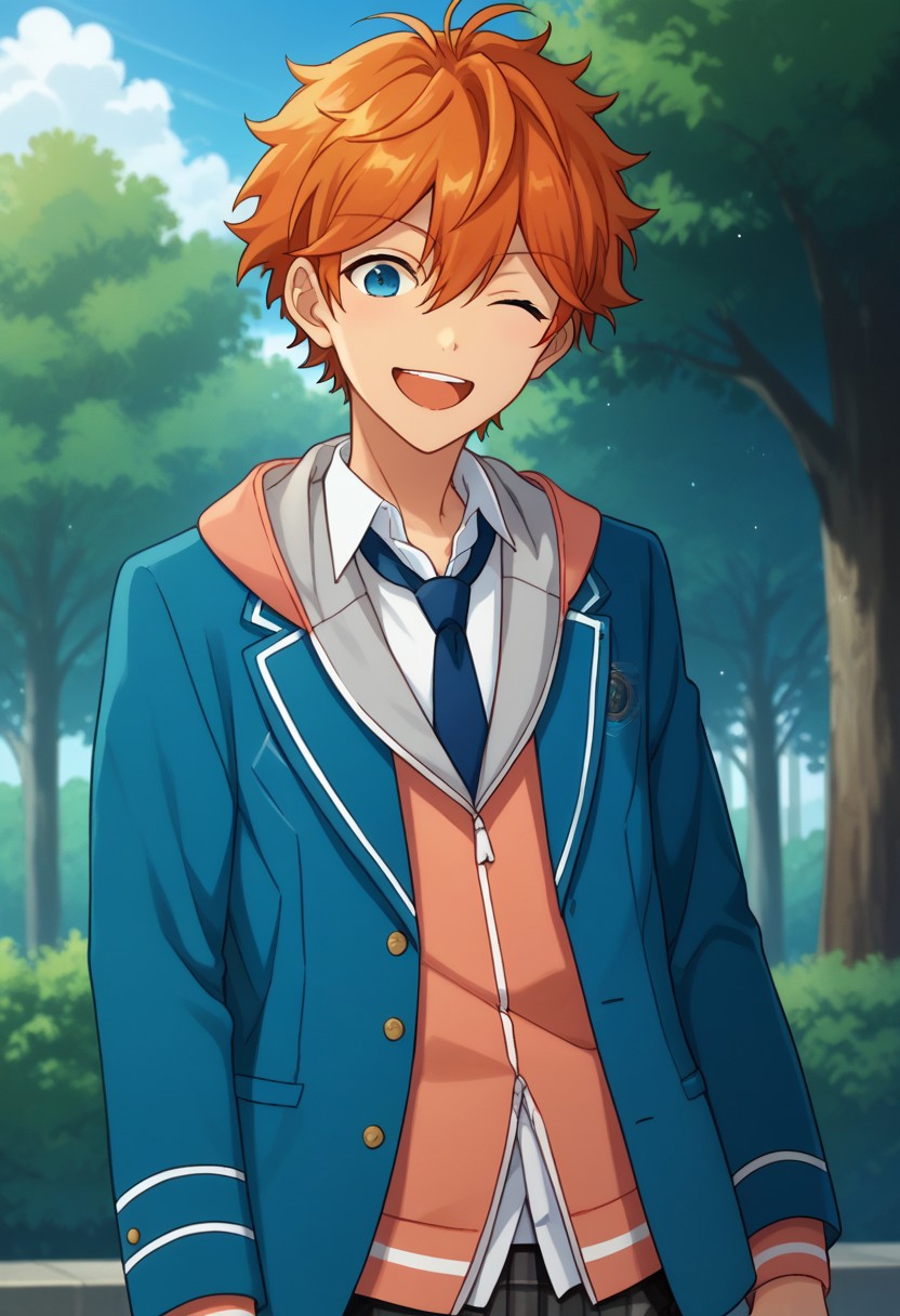 score_9, score_8_up, score_7_up, source_anime, highly detailed, 
subaruake, plaid pants, 1boy, male focus, school uniform, one eye closed, necktie, solo, blue eyes, orange hair,
pants, jacket, plaid, blazer, smile, open mouth, upper body, looking at viewer, hoodie, hood, necktie, blue necktie,
outdoor, sky, tree