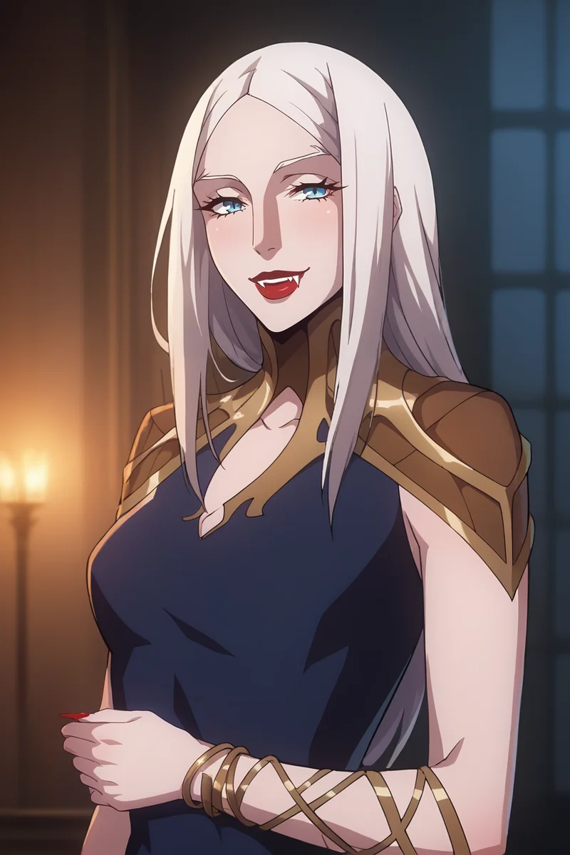 score_9, score_8_up, score_7_up, score_6_up, score_5_up, score_4_up, flat color, source_anime, anime coloring, 2d, BREAK.
smile, looking at viewer, BREAK.
ssn1, gradient clothes, gradient dress, shoulder armor, sleeveless, jewelry, bracelets, BREAK.
<lora:Carmilla_v1:1>, 1girl, solo, pale skin, white skin, pointy ears, vampire, fangs, blue eyes, white hair, long hair, long fingernails, sharp fingernails, red nails
