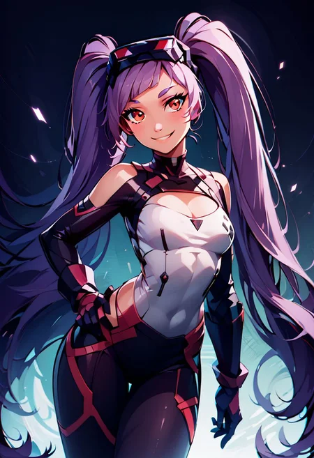 score_9, score_8_up, score_8, medium breasts, (curvy), cute, eyelashes,
rating safe,
BREAK,
zzEntrapta, red eyes, purple hair, long hair, twintails, very long hair, gloves, bodysuit, goggles on head, large breasts, cleavage, clothing cutout,
BREAK,
smile, looking at viewer, hand on hip,
abstract technology background,
zPDXL, Expressiveh, zzLoveLive,