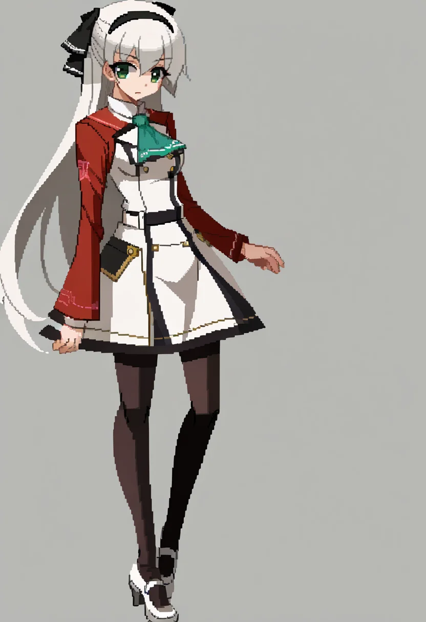 score_9, score_8_up, score_7_up, source_anime, BREAK, solo, 1girl, looking at viewer, <lora:Under-Night-In-Birth-Sprites-pdxl_Fp:1>, simple background, full body, standing,  <lora:elie-pdxl-nvwls-v1:1>, zeroElie, black hairband, hair ribbon, long hair, ascot, uniform, long red sleeves, white dress, white hair, green eyes, pantyhose,