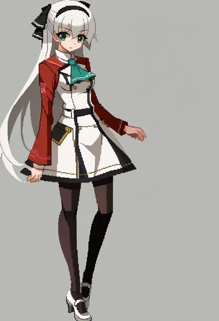 score_9, score_8_up, score_7_up, source_anime, BREAK, solo, 1girl, looking at viewer, <lora:Under-Night-In-Birth-Sprites-pdxl_Fp:1>, simple background, full body, standing, <lora:elie-pdxl-nvwls-v1:1>, zeroElie, black hairband, hair ribbon, long hair, ascot, uniform, long red sleeves, white dress, white hair, green eyes, pantyhose,