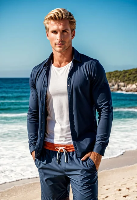 RAW photo, (a handsome and masculine man standing in front of the ocean, beach background), vibrant, stunningly beautiful, crisp, detailed, high contrast, cinematic, ultra detailed, intricate, professional, (high quality:1.4), (intricate, high detail:1.2), professional photography, HDR, High Dynamic Range, realistic, ultra realistic, photorealistic, high resolution, film photography, ambient lighting, UHD, wearing swimshorts, blonde Hair, blue eyes,