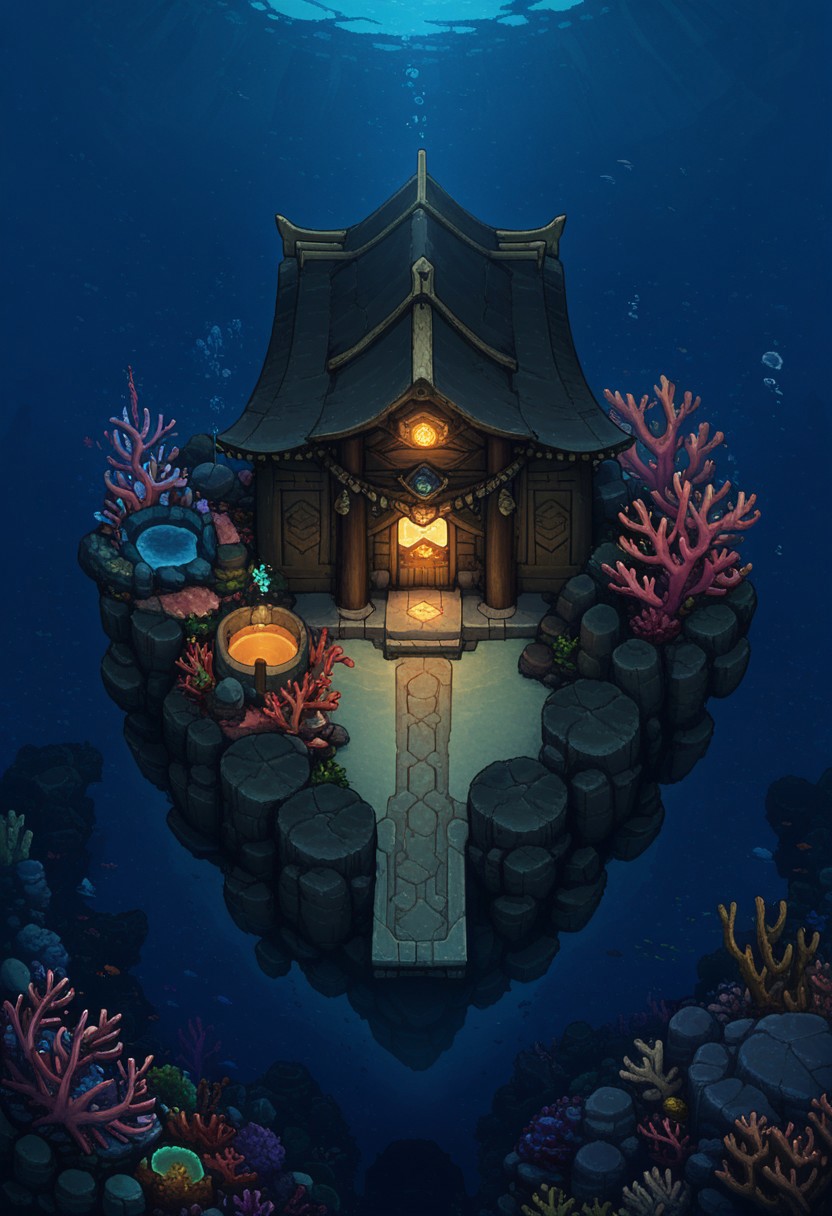 AMAZING QUALITY, MASTERPIECE, OVERWORLD, SCENERY, FROM ABOVE, DARK, UNDERWATER, TEMPLE, CORAL, GLOWING