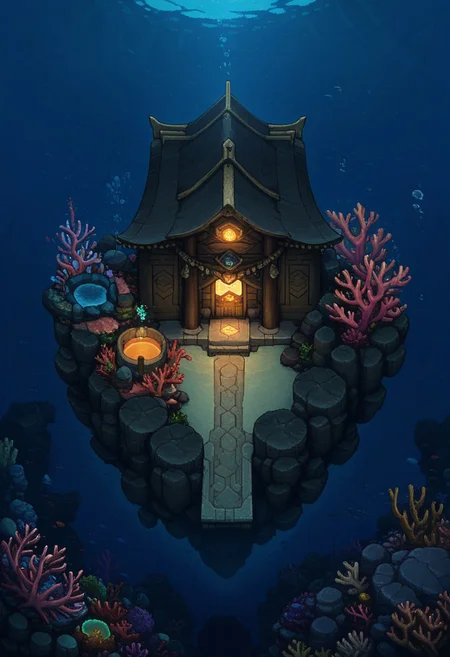 AMAZING QUALITY, MASTERPIECE, OVERWORLD, SCENERY, FROM ABOVE, DARK, UNDERWATER, TEMPLE, CORAL, GLOWING