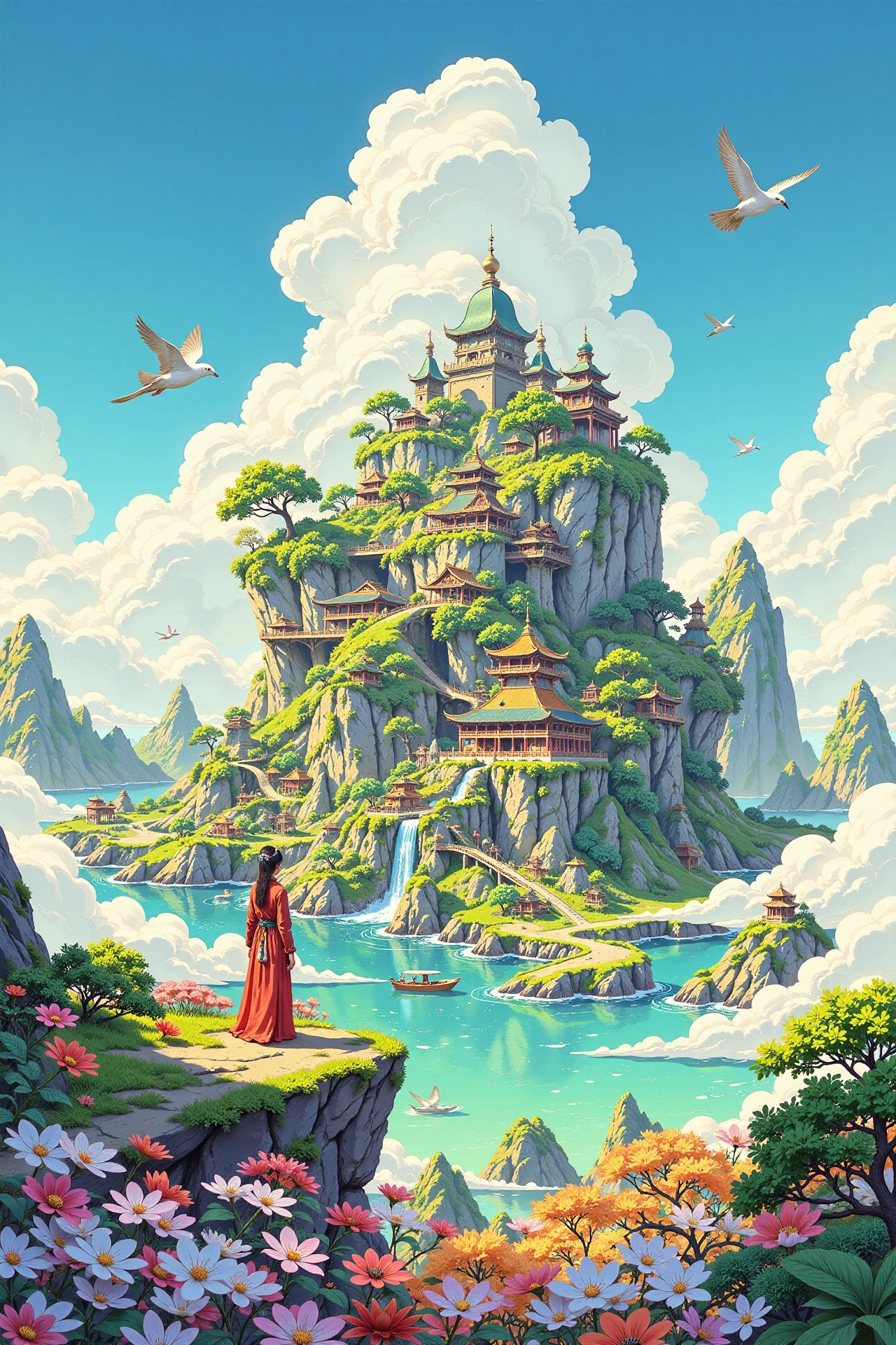 a fantasy island beautiful landscape, cloudy sky, woman, very intricate, very detailed, sharp, bright, colorful, <lora:Hand v2:0.5> <lora:Anti-Blur:1><lora:Insane Detail Slider:0.25>  <lora:flux.1_lora_flyway_Epic-detail_v2:0.3> <lora:fluxenhancer:0.25> <lora:ROWER:0.6> <lora:flux-charmer-v1-1:0.4> <lora:Chinese style illustration:0.6> guofeng, chinese style illustration
