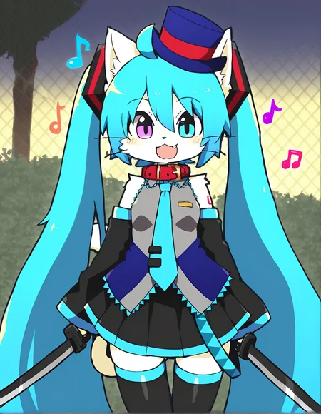 kisukemk777,masterpiece, best quality, amazing quality,Sharp focus,UHD,High quality,64k,8k,hatsune_miku, 1girl, solo, long_hair, looking_at_viewer, blush, smile, open_mouth, blue_eyes, shirt, skirt, hair_ornament, thighhighs, animal_ears, hair_between_eyes, bare_shoulders, very_long_hair, twintails, blue_hair, tail, :d, cowboy_shot, pleated_skirt, necktie, detached_sleeves, sleeveless, collared_shirt, artist_name, fang, black_thighhighs, black_skirt, cat_ears, animal_ear_fluff, aqua_eyes, cat_tail, zettai_ryouiki, sleeveless_shirt, tattoo, aqua_hair, :3, fangs, cat_girl, hand_on_own_chest, furry, grey_shirt, musical_note, furry_female, black_sleeves, eighth_note, body_fur, white_fur, shoulder_tattoo, animal_nose, aqua_necktie, whiskers, furrification, grid_background1girl, solo, long_hair, looking_at_viewer, blue_eyes, long_sleeves, gloves, dress, hat, holding, closed_mouth, very_long_hair, standing, blue_hair, jacket, full_body, white_hair, ahoge, flower, pantyhose, outdoors, black_gloves, black_footwear, high_heels, tree, ascot, night, heterochromia, blue_jacket, blue_headwear, blue_flower, top_hat, light_blue_hair, holding_flower, mismatched_pupils, cowlick1girl, solo, breasts, looking_at_viewer, short_hair, blue_eyes, shirt, skirt, black_hair, long_sleeves, hair_ornament, gloves, holding, closed_mouth, jewelry, standing, jacket, purple_eyes, white_shirt, full_body, purple_hair, weapon, multicolored_hair, earrings, open_clothes, belt, sword, black_skirt, black_footwear, holding_weapon, high_heels, collar, chain, holding_sword, katana, colored_inner_hair, dual_wielding, platform_footwear