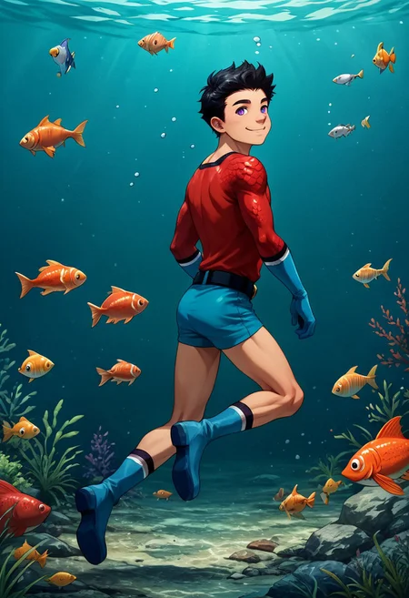 score_9, score_8_up, score_7_up, 1boy, solo, male focus, cute boy, young, Aqualad, Black Hair, Purple eyes, seductive smile, floating underwater, Red Scale Shirt, fish scales pattern, Blue Speedo, Blue Shorts, Male Swimwear, Blue Gloves, Blue Boots, Belt, from behind, looking back