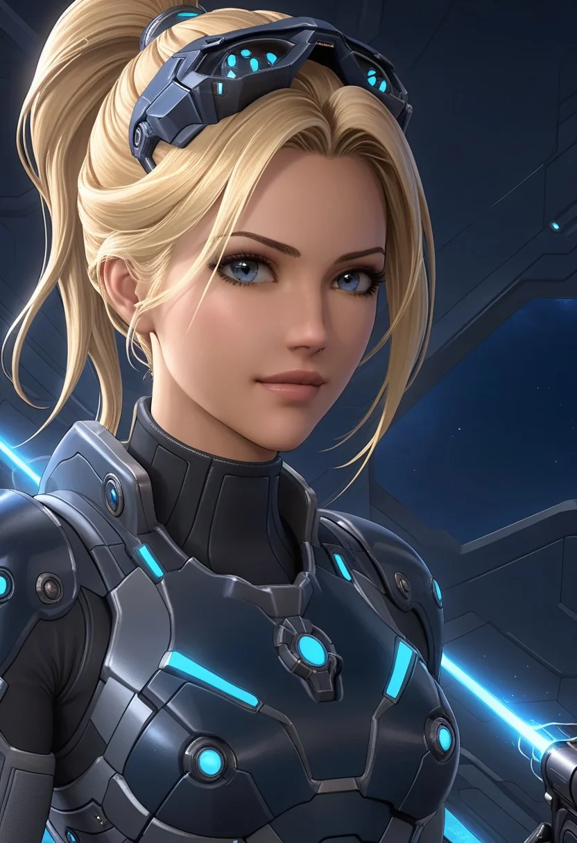 (masterpiece, top quality, 8K, high details), realistic, volumetric light, sfx effect accentuating the voluptuousness of the character, breathtaking, (medium full shot),
(solo female, "Nova Terra" from Starcraft), "Nova Terran" mature detailed face, smirk,posture exudes strength and precision, smooth brows, attractive eyelashes,blonde long detailed smooth hair, High Ponytail hairstyle, large hip, fit torso,blue eyes, detailed eyes, eyes reflection, round pupil, symmetrical eyes, covert ops background, (futuristic sniper riffle), holding a sniper in one hand,
(psychic effect emanating from her swirling purple and blue energy), The psychic power crackles like electricity warping the air around her with rippling waves, Nearby stones levitate and glow faintly under the psionic energy's influence,
BREAK,
(A sleek futuristic grey armored breastplate and grey armored gloves and grey armored shoulder pads and grey reinforced boots with smooth futuristic grey metallic surfaces),armors features glowing blue neon accents running along the edges of the suit creating a high-tech and tactical appearance, white inner combat suit cloth, The tight fitting combat suit is detailed with subtle engravings and blue panels that emphasize its advanced technology,
BREAK,
night visor on top of the head